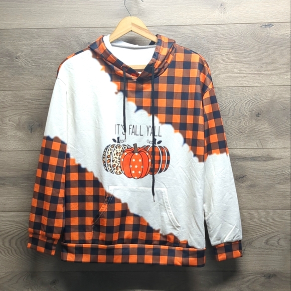 Fall Themed Pumpkin And Orange Plaid Pullover Hoodie Women's Size Small - Picture 1 of 9